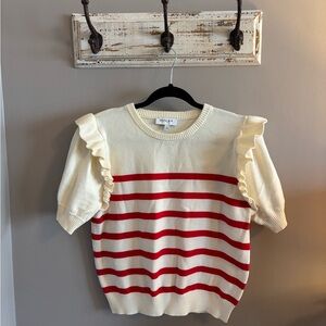 Cream and Red Striped Ruffle Sweater